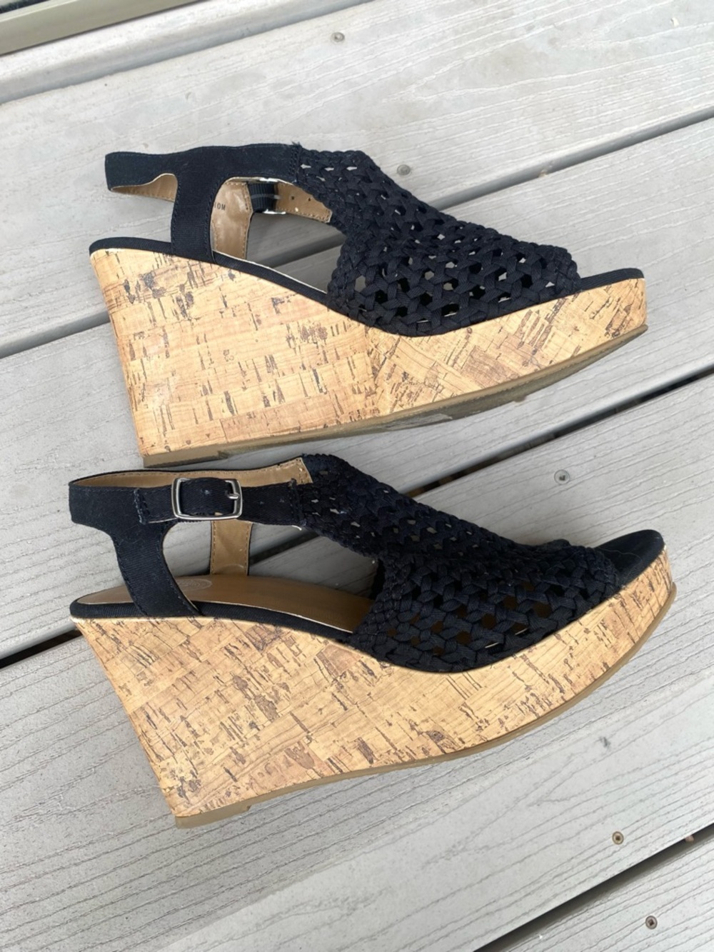 SO Black Woven Slingback Cork Wedge Sandals